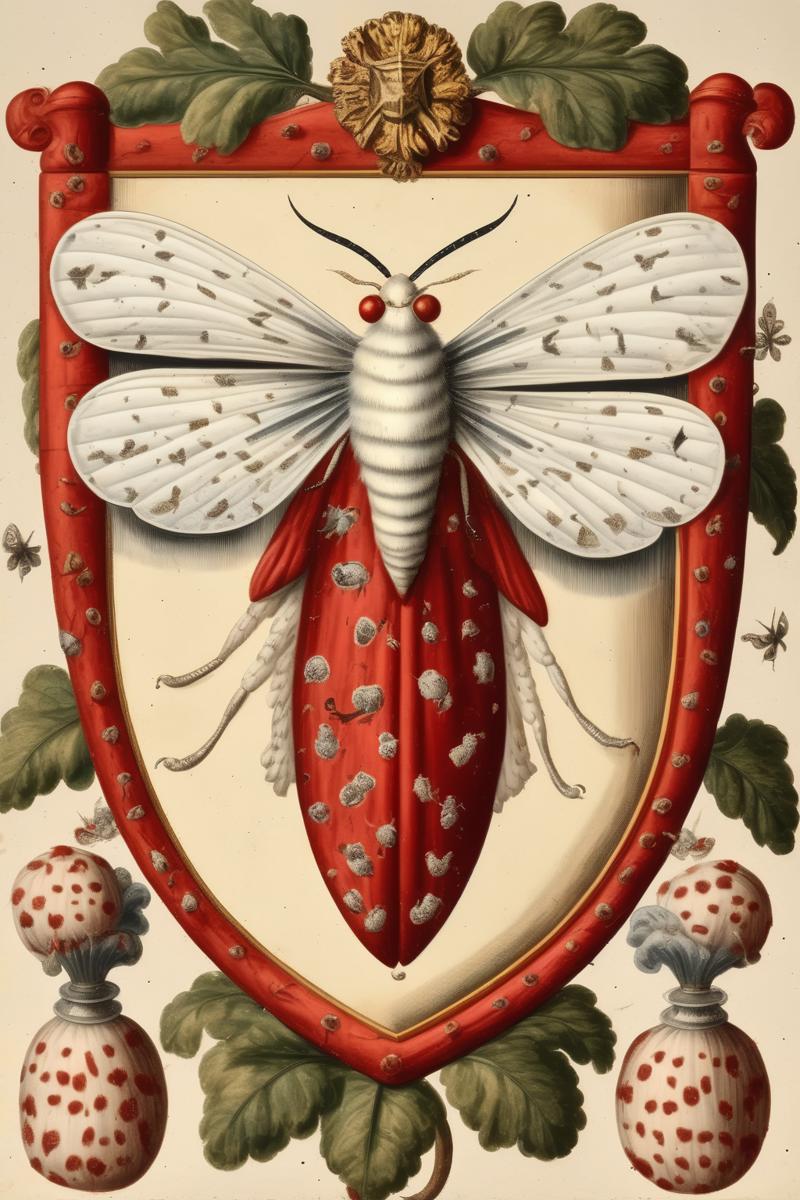 00083-3711524535-_lora_Maria Sibylla Merian Style_1_Maria Sibylla Merian Style - renaissance coat of arms featuring a red speckled white moth on.png